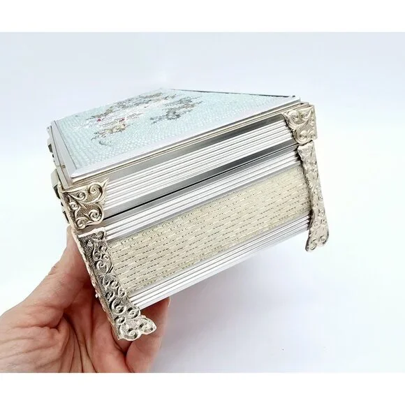 Vintage Schmid Bros Musical Jewelry Box Floral Beaded Blue Honey Tune Trinket
